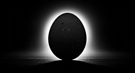 This striking black and white image showcases a dark, smooth egg resting on a textured surface,...