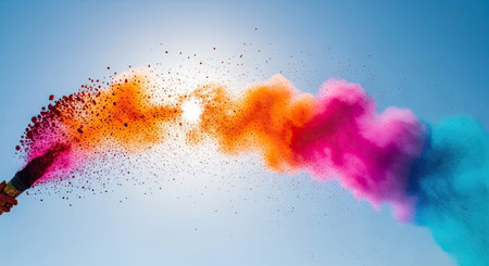 A vibrant and dynamic image showcases a burst of colorful smoke from a grenade against a clear blue...