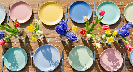 Exquisite stock photo showcasing a vibrant table setting featuring colorful plates in pastel shades,...