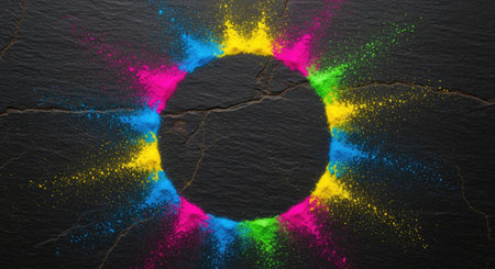 This vibrant image showcases a circular cutout surrounded by a burst of colorful powder on a...