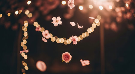 Delicate golden light strings intertwine with floating pastel flowers and soft petals, creating a magical ambiance perfect for romantic occasions and enchanting spaces.の写真素材