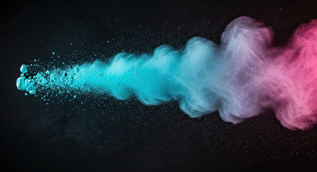 This vibrant stock photo showcases a dynamic explosion of colorful powder against a dark background,...
