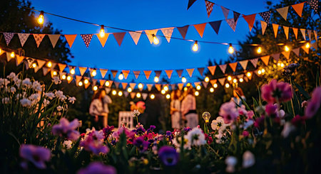 A charming outdoor gathering unfolds beneath twinkling string lights and festive bunting, creating a...