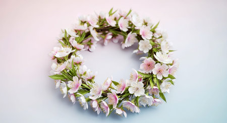 A beautiful floral wreath adorned with soft pink and white flowers, surrounded by green leaves on a...