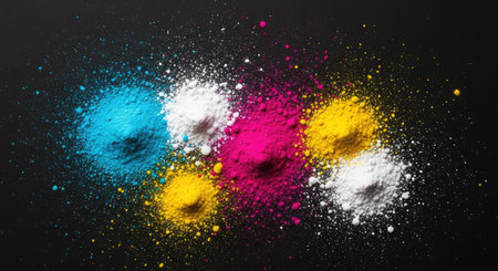 A vibrant explosion of cyan, magenta, yellow, and black color powder bursts across a dark background, showcasing the fundamental components of the CMYK color model for printing and design applications.の写真素材