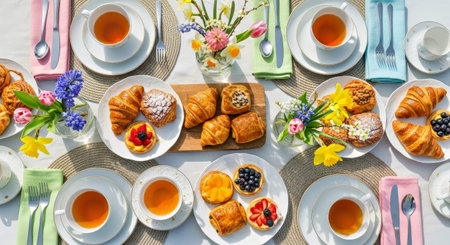 A beautifully arranged brunch table features colorful pastries, golden croissants, steaming tea, and floral centerpieces, creating a charming morning environment.の写真素材