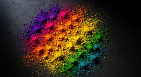 A mound of vibrant multicolored powder in bold hues of purple, pink, orange, yellow, green, and teal...