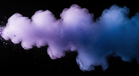 Swirling purple and blue gas clouds drift through a deep black backdrop, their ethereal forms moving...