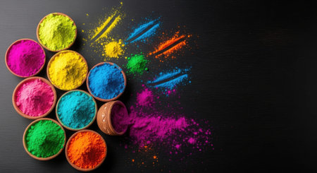 A colorful assortment of powdered pigments in small clay bowls and scattered splashes creates a dynamic and festive scene perfect for representing Holi, celebrations, or artistic expression, showcasing a range of bright hues against a dark backdrop.の写真素材
