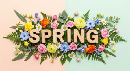 A vibrant stock photo captures a floral spring arrangement with roses, daisies, and ferns spelling...