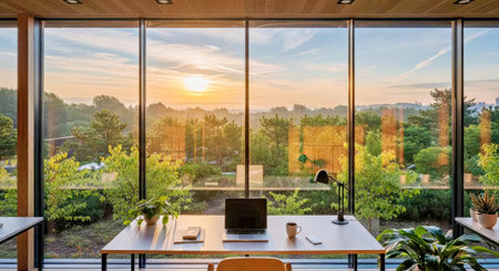 Modern office interior with panoramic window and view of the countryside