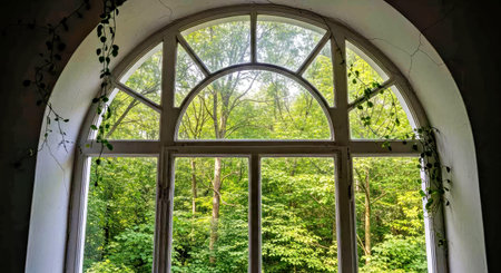 A weathered arched window frames a vibrant green forest scene, evoking a sense of tranquility and connection to nature, suitable for use in marketing materials, editorial content, and branding projects to represent sustainability or outdoor experiences.