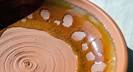 Close-up of a handmade terracotta bowl featuring swirled watercolor-like glazes, drippage details, and warm tones, ideal for showcasing artisanal pottery, rustic home decor, or studio ceramics branding and marketing.