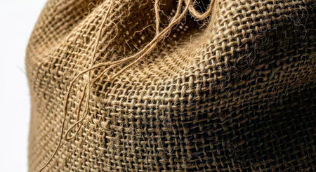 A detailed close-up shot showcases the textured weave of a burlap sack, highlighting its natural fibers and earthy tones, suitable for use in marketing materials, editorial content, or branding projects related to agriculture, sustainability, or vintage themes.