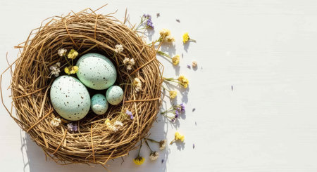 Easter eggs in a nest on a white wooden background. The view from the top.