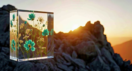 3d illustration of glass cube with floral ornament. 3d rendering