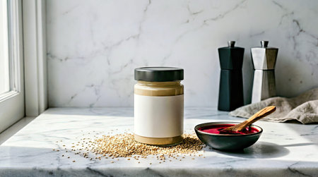 A minimalist marble countertop showcases a mason jar of olive oil dispensed sesame seeds and a black bowl with vibrant red dipping sauce perfected for food photography in culinary