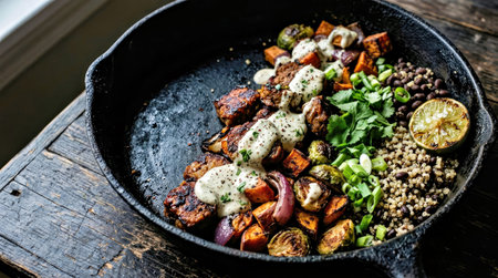 A vibrant cast iron skillet presents grilled vegetables lamb quinoa lentils and fresh herbs topped with creamy dressing on rustic wood table for culinary marketing and recipe styli