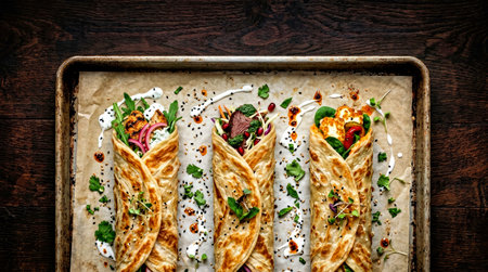 A professional top down shot of three artfully arranged vegetable wraps with vibrant fillings perfect for food photography marketing editorial branding or recipe website content