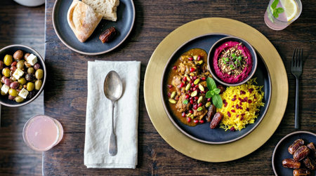 A beautifully arranged Middle Eastern cuisine platter showcasing yellow rice pomegranate salad dates and tahini olives on rustic wooden surfaces with linen napkins and matte cookwa