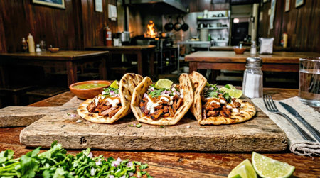 Delicious grilled meat tacos topped with cilantro and lime are presented on a wooden platter inside a cozy rustic tavern for culinary marketing and menu design