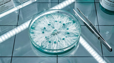 Close up view of a contaminated culture inside a blue green petri dish used in microbiology lab experiments scientific research setting