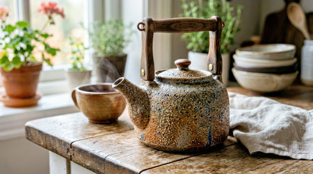 Rustic tea kettle and vintage mug on wooden table with potted herbs and kitchenware visible through windows evoking a cozy natural aesthetic suitable for home decor and lifestyle m