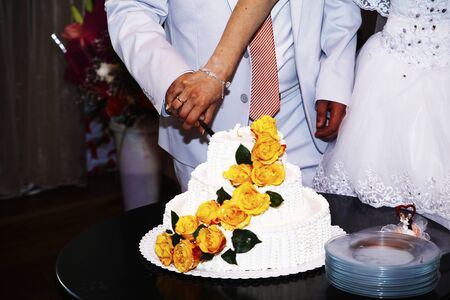 A bride and a groom is cutting their wedding cake, the coupleの写真素材