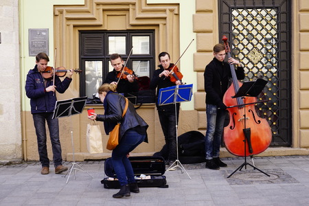 Street musicians in the center of Lviv, Lviv, Ukraine, 8 march 2016のeditorial素材