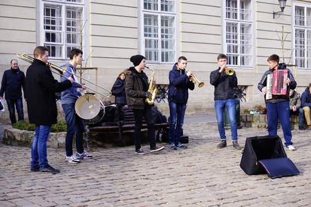 Street musicians in the center of Lviv, Lviv, Ukraine, 8 march 2016のeditorial素材