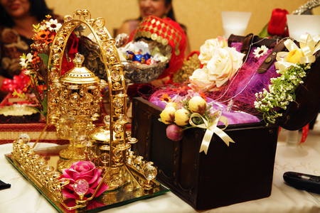 Traditional wedding decorations ,food bread in beautiful basket closeupの写真素材