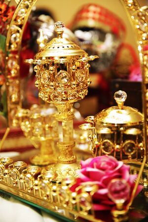 Traditional wedding decorations ,food bread in beautiful basket closeupの写真素材