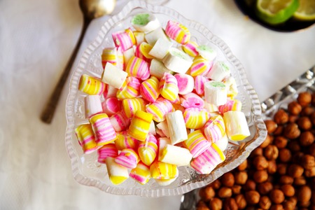 Eastern Turkish delight nuts tea on the tableの写真素材
