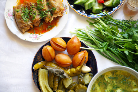 Turkish Asian traditional ramadan food Pepper stuffed with rice and minced meat biber dolmaの写真素材