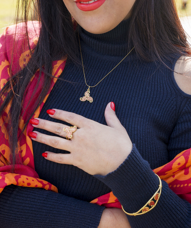 beautiful girl with Eastern Turkish headscarves and gold antique vintage jewellery