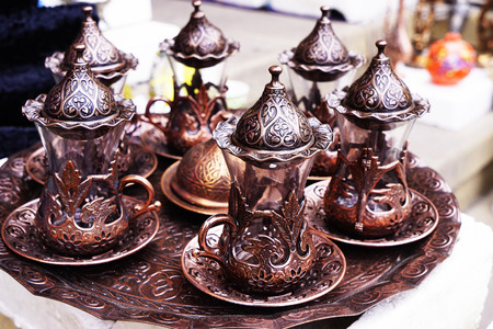 beautiful vintage Oriental silver ceramic Turkish dishes.の写真素材