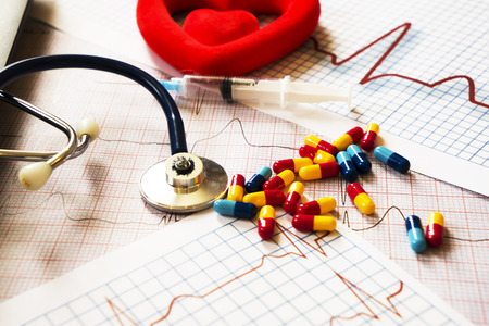 Doctor table with medical items. Flat layの写真素材