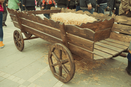 Old horse drawn wooden cartの写真素材