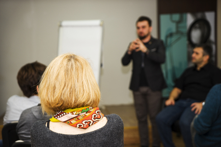 Baku, Azerbaijan - March 3, 2018 : Attentive students listen to teachers explanations at a seminar or trainingのeditorial素材