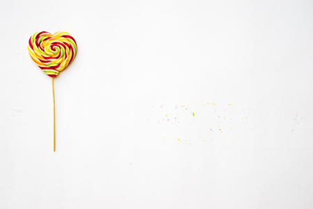 multicolored, different sweets, lollipops on a white background. Copy space. sweets concept, top viewの写真素材