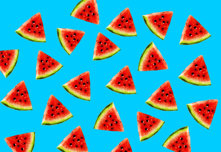 watermelon pattern on pastel blue background. Minimal summer concept. Flat position.
