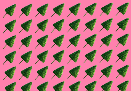 Christmas composition. Pattern made of Christmas trees on pastel pink background. Christmas, winter,...