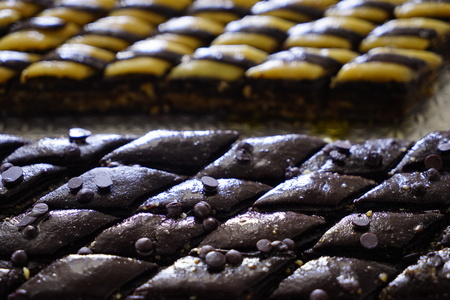Oriental sweets - colorful pieces of baklava. Turkish delights. Closeup. Selective focus
