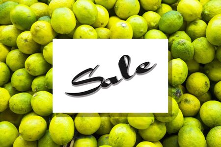 Top view of lemon fruit pattern with sale text on frame template background.flat lay designの写真素材