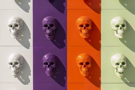 A collection of multi-colored skulls laid out in a line. Halloween concept.の写真素材