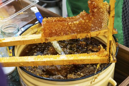 Honeycomb piece. Bee products, organic natural ingredients. Close up fresh honey on the honeycomb....