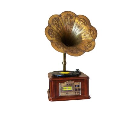 Vintage style gramophone, vinyl music player with white background,の写真素材
