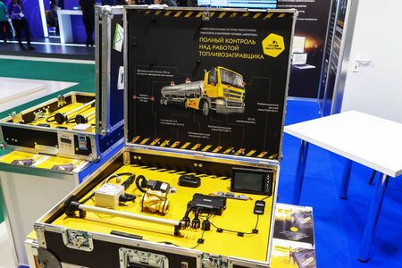 Baku, Azerbaijan, November 6, 2019: Professional transport and fuel monitoring systems, sensors and...