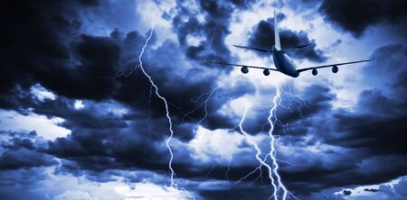 Lightning strike in a thunderstorm near the plane.