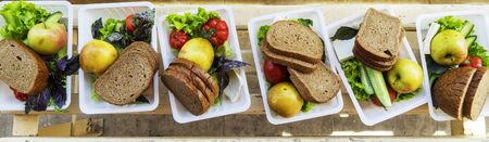 Tomatoes,cucumbers, various greens, fruits, cheese ,bread are on white plastic plates on the...